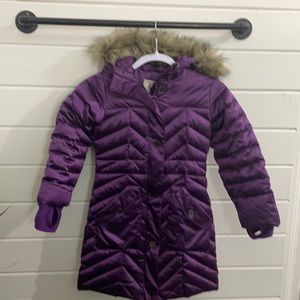Land’s End purple work fur,  long winter puffer coat girls